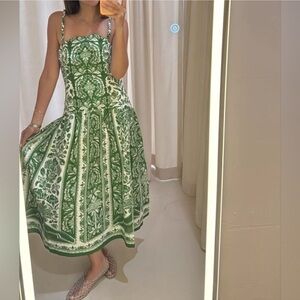 FARM Rio Green Delicate Tapestry Green Floral Linen Midi Dress Medium